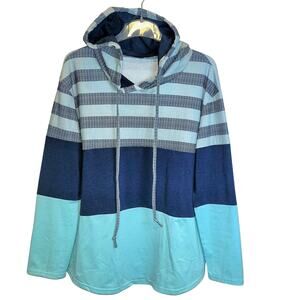 Pullover Hoodie Stripe Colorblock Womens Top Sz XL Green Blue Long Sleeve Shirt